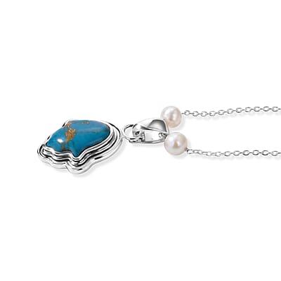 D'Joy Passport to Israel Mojave Blue Turquoise 4.65 ctw and Freshwater Pearl Pendant Necklace in Rhodium Over Sterling Silver 18 Inches