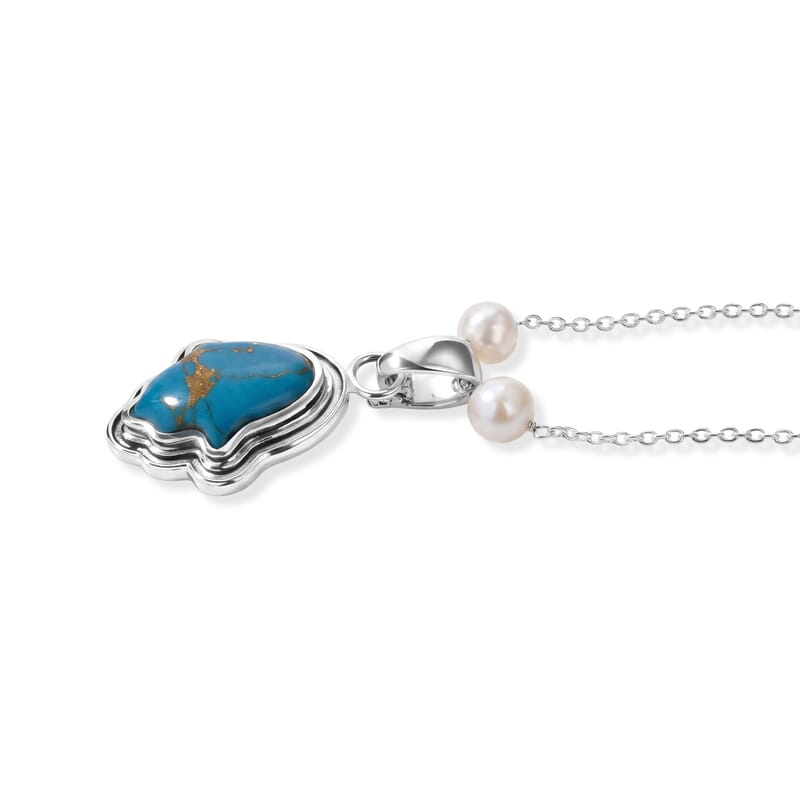 D'Joy Passport to Israel Mojave Blue Turquoise 4.65 ctw and Freshwater Pearl Pendant Necklace in Rhodium Over Sterling Silver 18 Inches