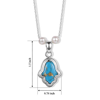 D'Joy Passport to Israel Mojave Blue Turquoise 4.65 ctw and Freshwater Pearl Pendant Necklace in Rhodium Over Sterling Silver 18 Inches