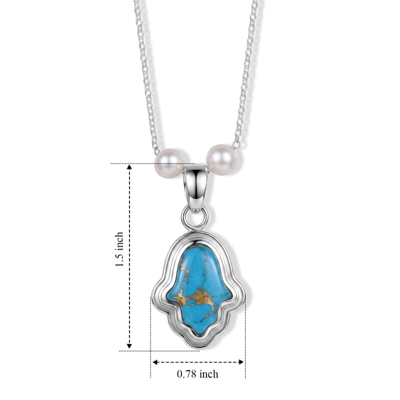 D'Joy Passport to Israel Mojave Blue Turquoise 4.65 ctw and Freshwater Pearl Pendant Necklace in Rhodium Over Sterling Silver 18 Inches