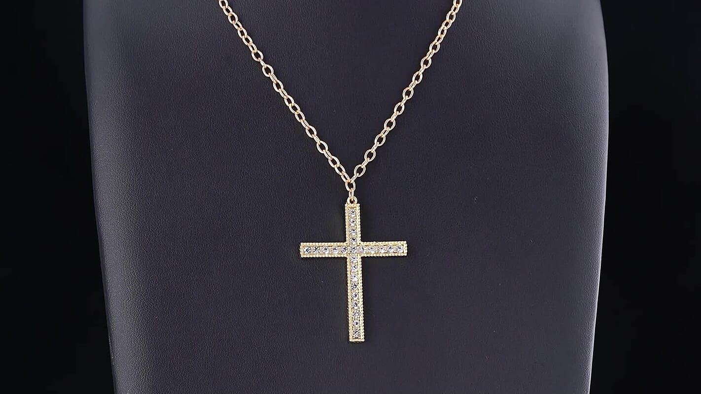 Strada Austrian Crystal Japanese Movement Bible Text Cross Watch with Matching Cross Pendant Necklace (30 Inches) in Goldtone