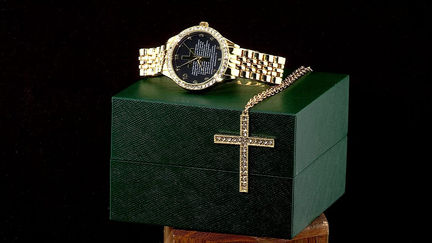 Strada Austrian Crystal Japanese Movement Bible Text Cross Watch with Matching Cross Pendant Necklace (30 Inches) in Goldtone