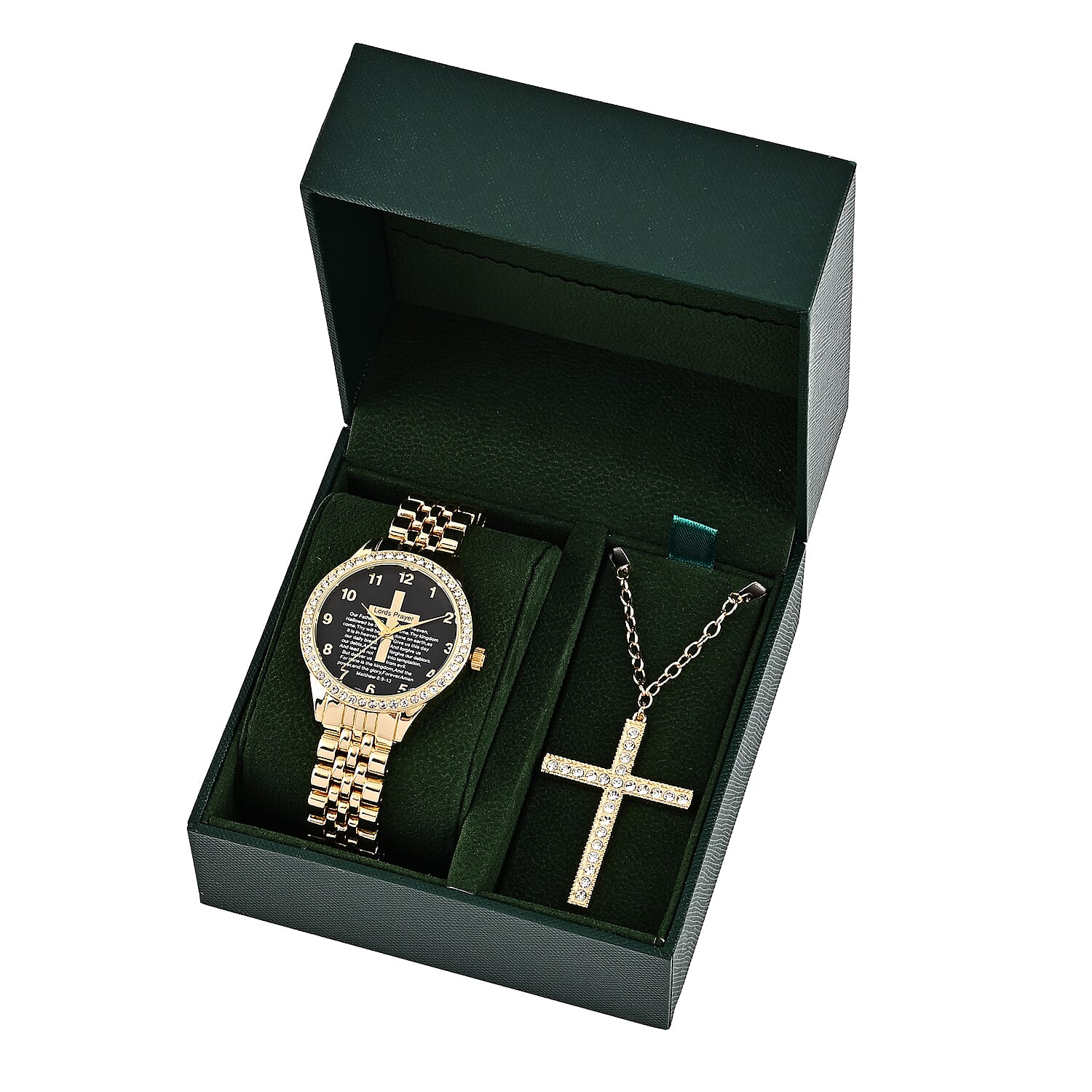 Strada Austrian Crystal Japanese Movement Bible Text Cross Watch with Matching Cross Pendant Necklace (30 Inches) in Goldtone