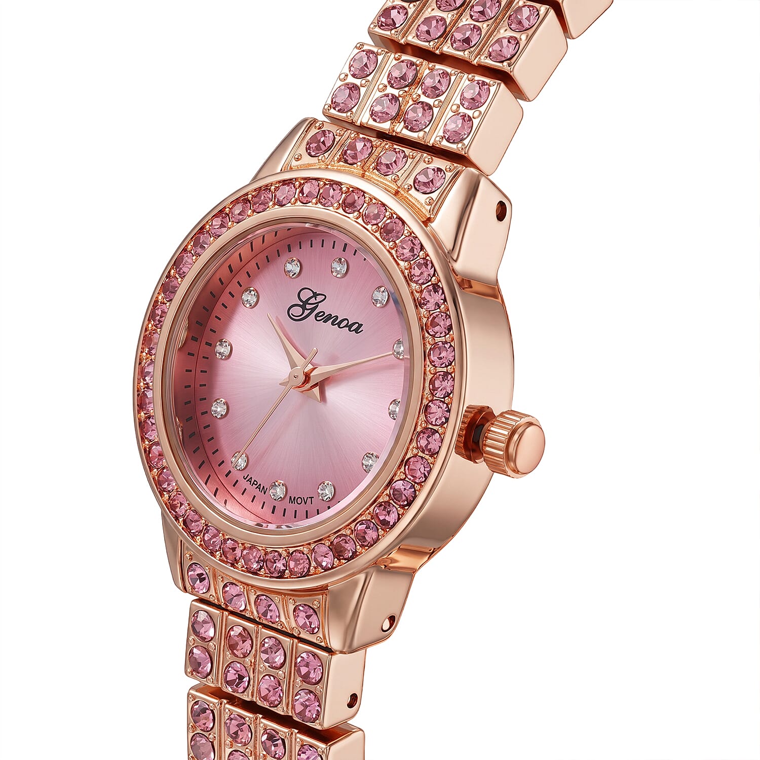 Genoa Austrian Pink and White Crystal Watch PC21S Japan Movement and Earrings in ION Plated RG Stainless Steel