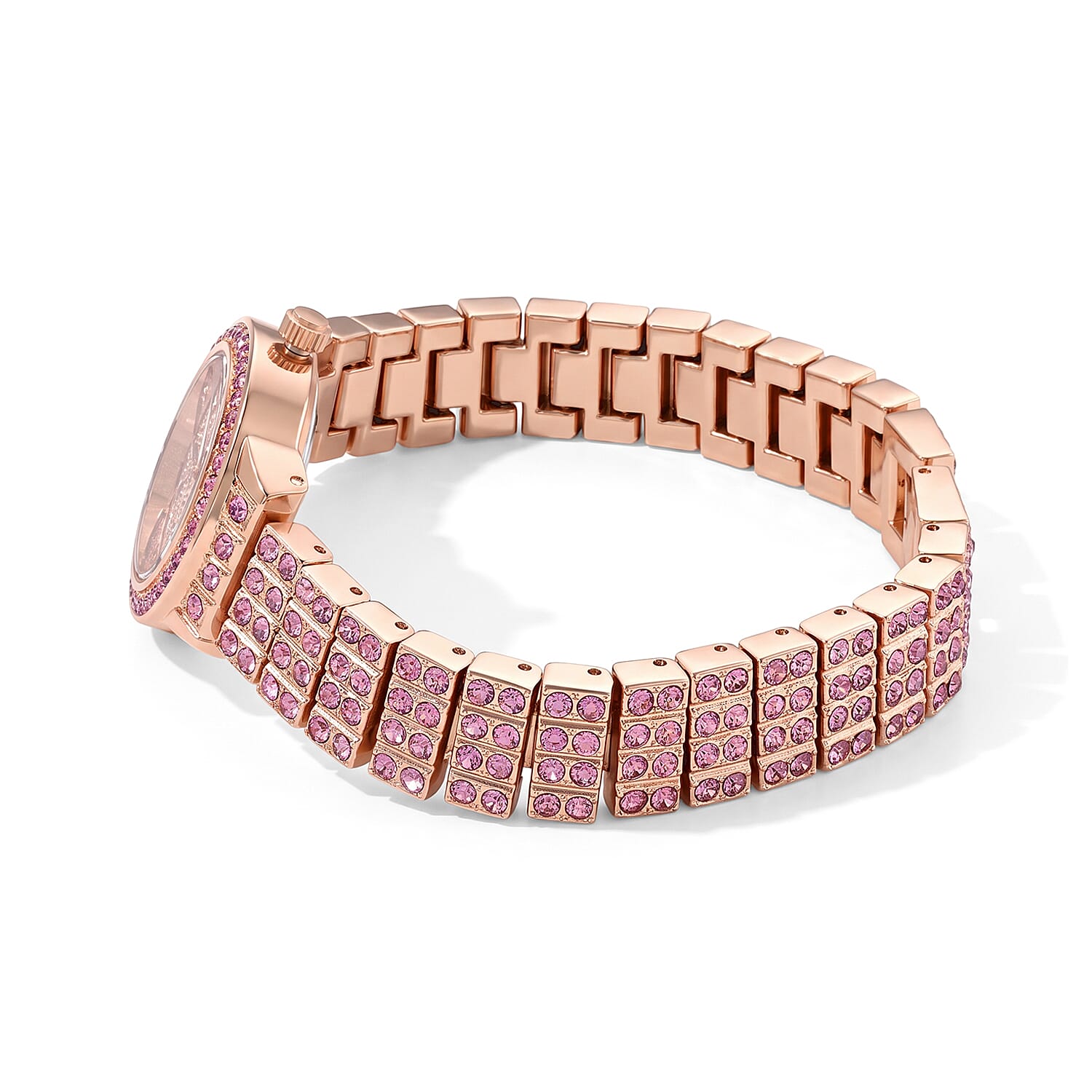 Genoa Austrian Pink and White Crystal Watch PC21S Japan Movement and Earrings in ION Plated RG Stainless Steel