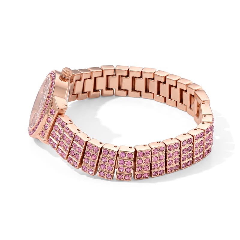 Genoa Austrian Pink and White Crystal Watch PC21S Japan Movement and Earrings in ION Plated RG Stainless Steel