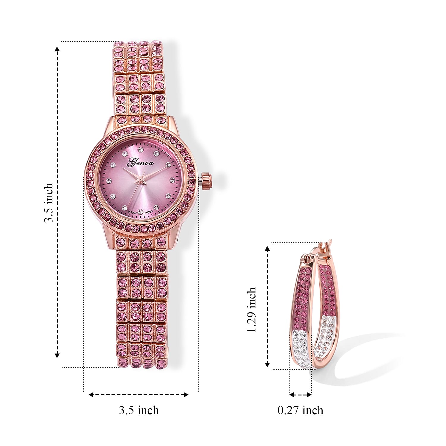 Genoa Austrian Pink and White Crystal Watch PC21S Japan Movement and Earrings in ION Plated RG Stainless Steel