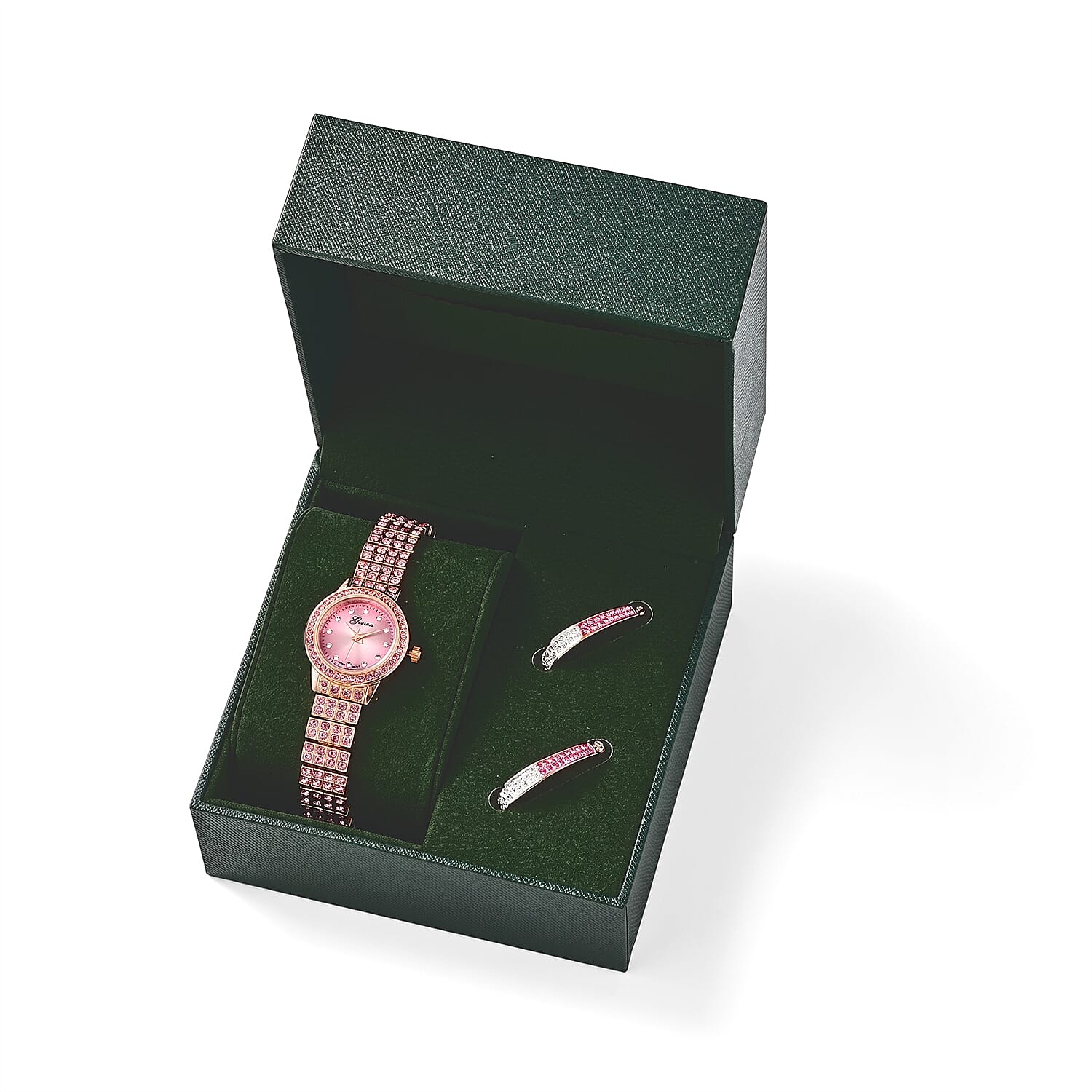 Genoa Austrian Pink and White Crystal Watch PC21S Japan Movement and Earrings in ION Plated RG Stainless Steel