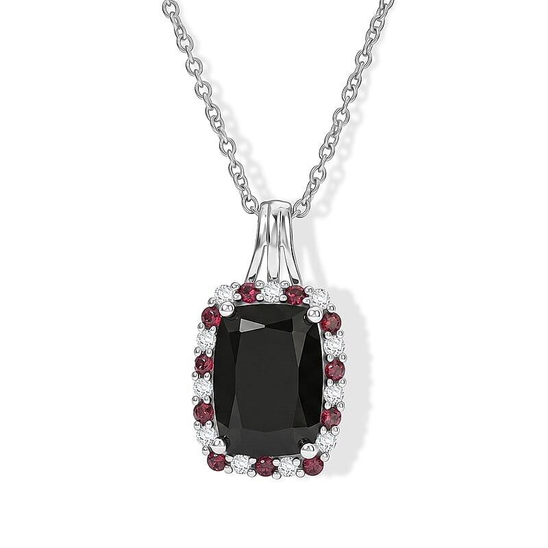 EverTrue Thai Black Spinel and Multi Gemstone 8.50 ctw Pendant in Platinum Bond with Stainless Steel Necklace 20 Inches