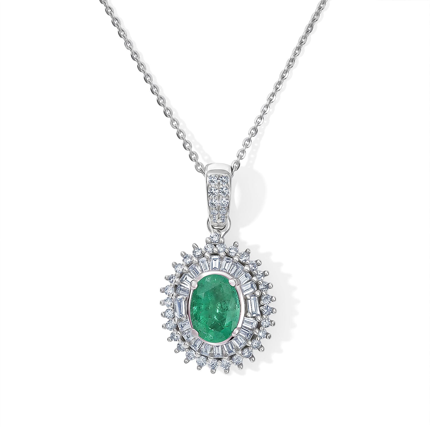 AAA Kagem Zambian Emerald and Luxuriant Lab Grown Diamond G-H SI 1.60 ctw Pendant Necklace (20 Inches) in Rhodium Over Sterling Silver