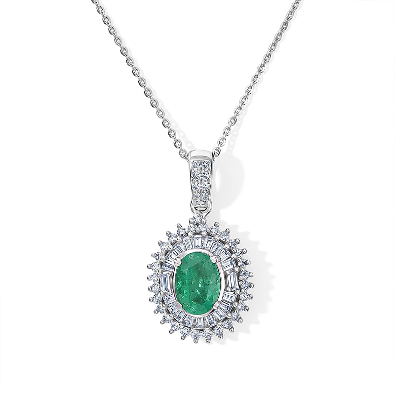 AAA Kagem Zambian Emerald and Luxuriant Lab Grown Diamond G-H SI 1.60 ctw Pendant Necklace (20 Inches) in Rhodium Over Sterling Silver