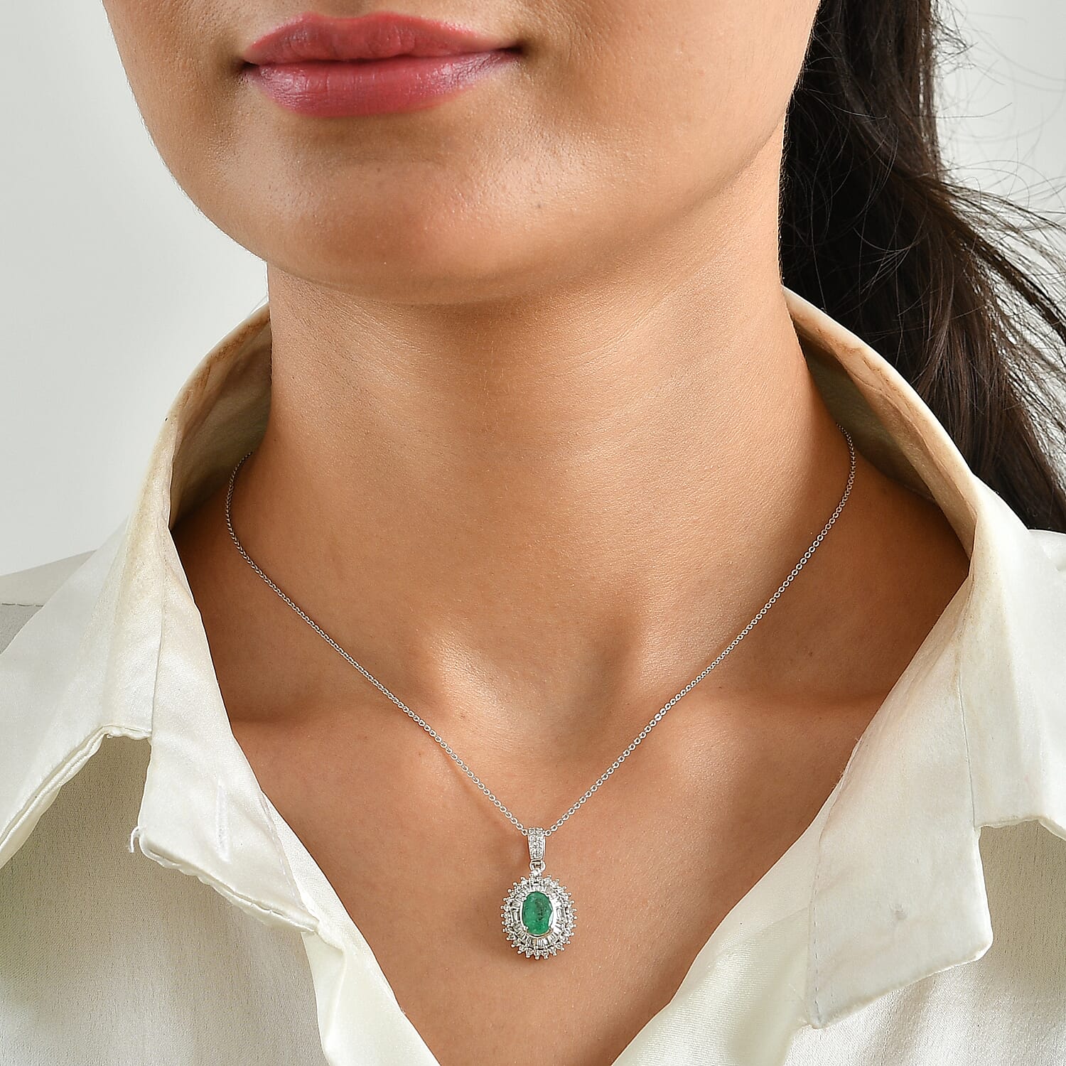 AAA Kagem Zambian Emerald and Luxuriant Lab Grown Diamond G-H SI 1.60 ctw Pendant Necklace (20 Inches) in Rhodium Over Sterling Silver