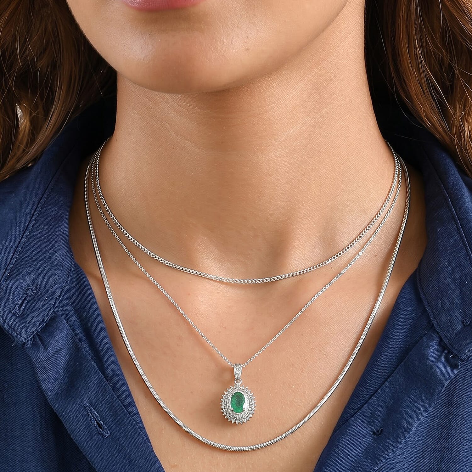 AAA Kagem Zambian Emerald and Luxuriant Lab Grown Diamond G-H SI 1.60 ctw Pendant Necklace (20 Inches) in Rhodium Over Sterling Silver
