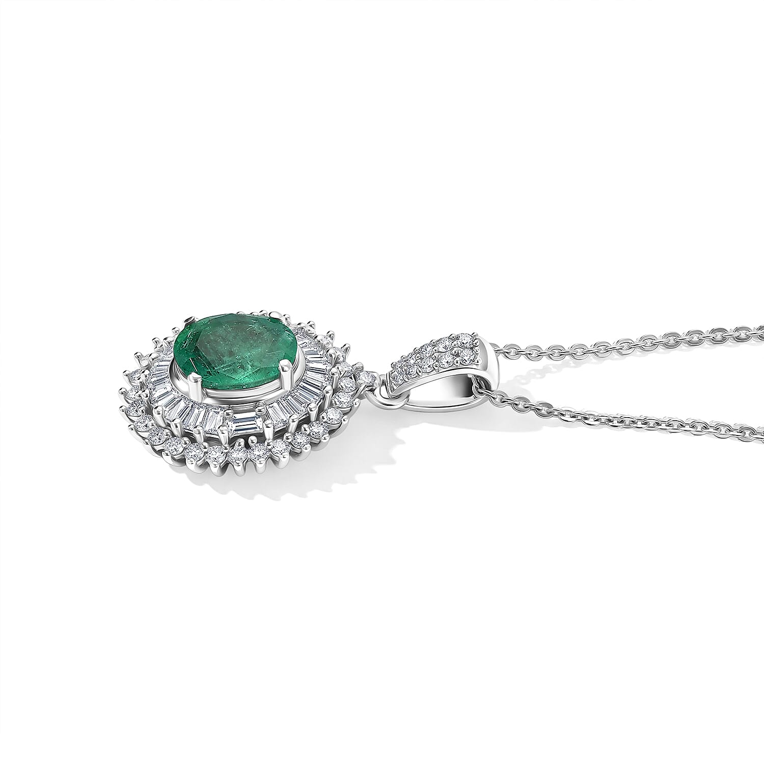 AAA Kagem Zambian Emerald and Luxuriant Lab Grown Diamond G-H SI 1.60 ctw Pendant Necklace (20 Inches) in Rhodium Over Sterling Silver