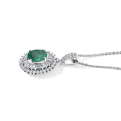 AAA Kagem Zambian Emerald and Luxuriant Lab Grown Diamond G-H SI 1.60 ctw Pendant Necklace (20 Inches) in Rhodium Over Sterling Silver