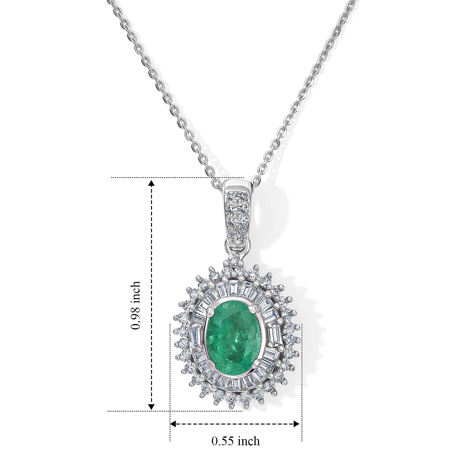 AAA Kagem Zambian Emerald and Luxuriant Lab Grown Diamond G-H SI 1.60 ctw Pendant Necklace (20 Inches) in Rhodium Over Sterling Silver