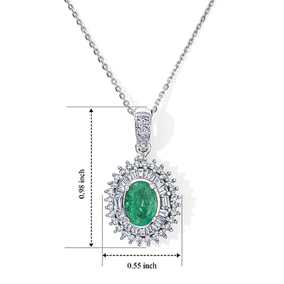 AAA Kagem Zambian Emerald and Luxuriant Lab Grown Diamond G-H SI 1.60 ctw Pendant Necklace (20 Inches) in Rhodium Over Sterling Silver