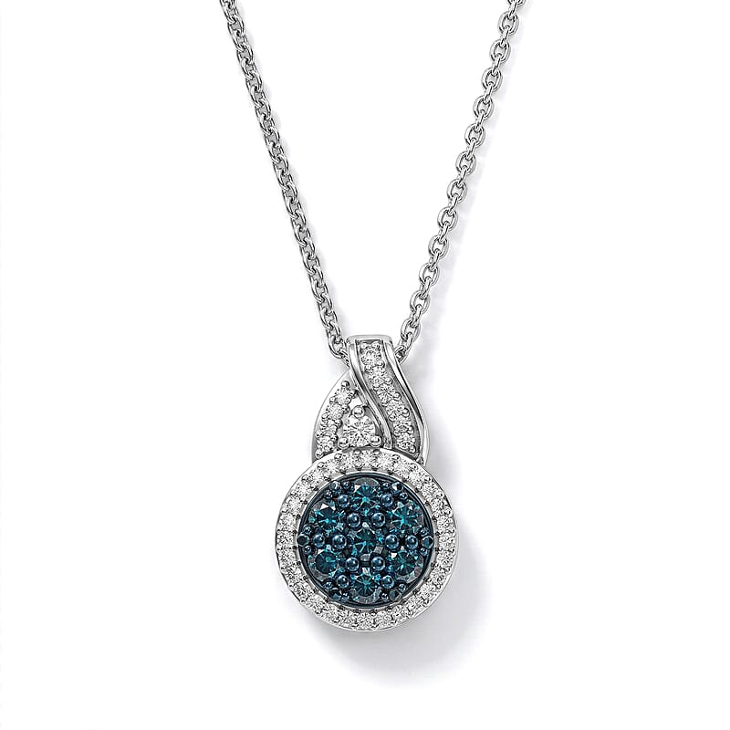 D'Joy Blue and White Diamond 0.40 ctw Pendant Necklace in Rhodium Over Sterling Silver 20 Inches