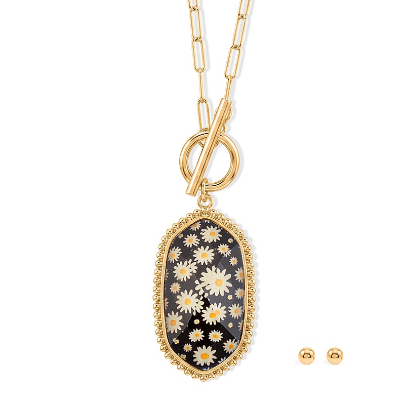 Black Flower Resin 35.00 ctw Pendant Necklace and Ball Stud Earrings in Goldtone
