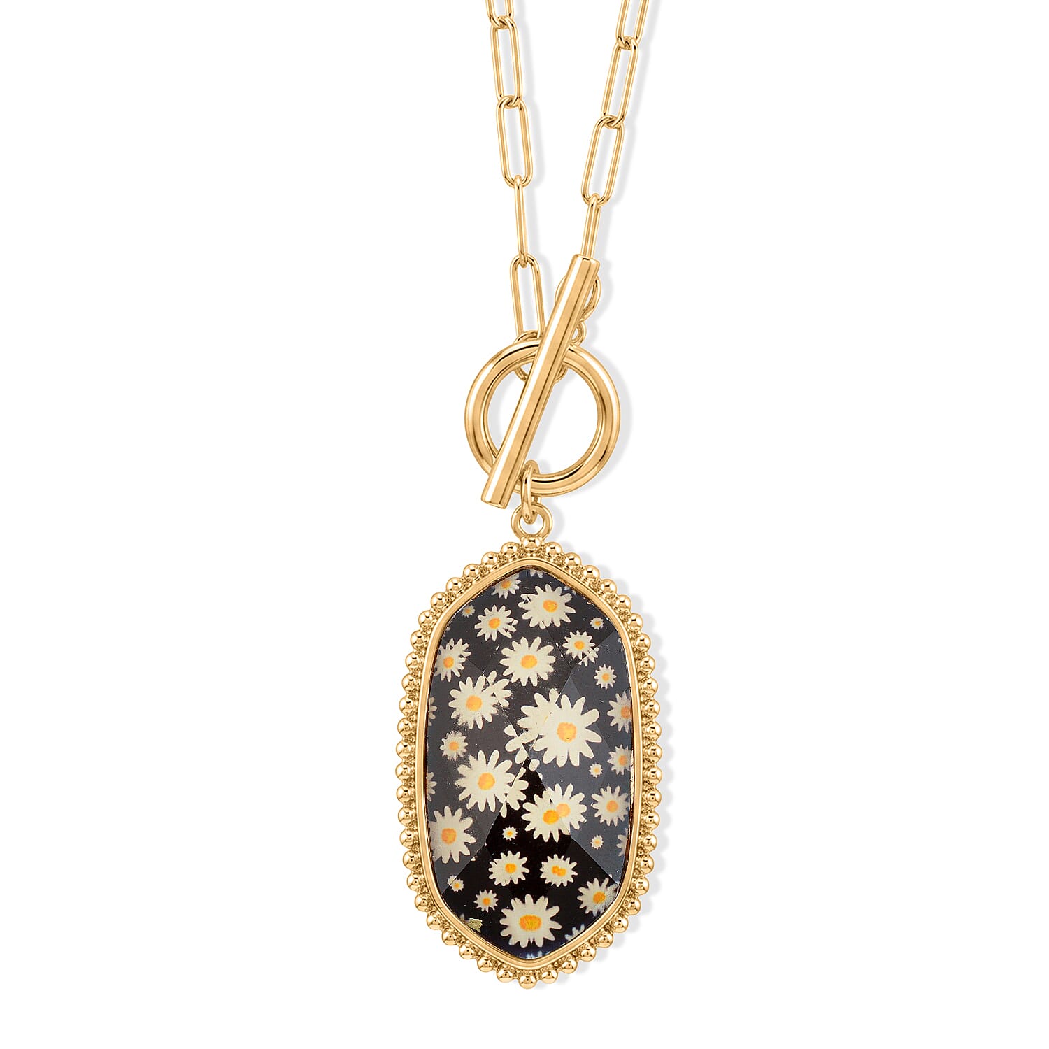 Black Flower Resin 35.00 ctw Pendant Necklace and Ball Stud Earrings in Goldtone