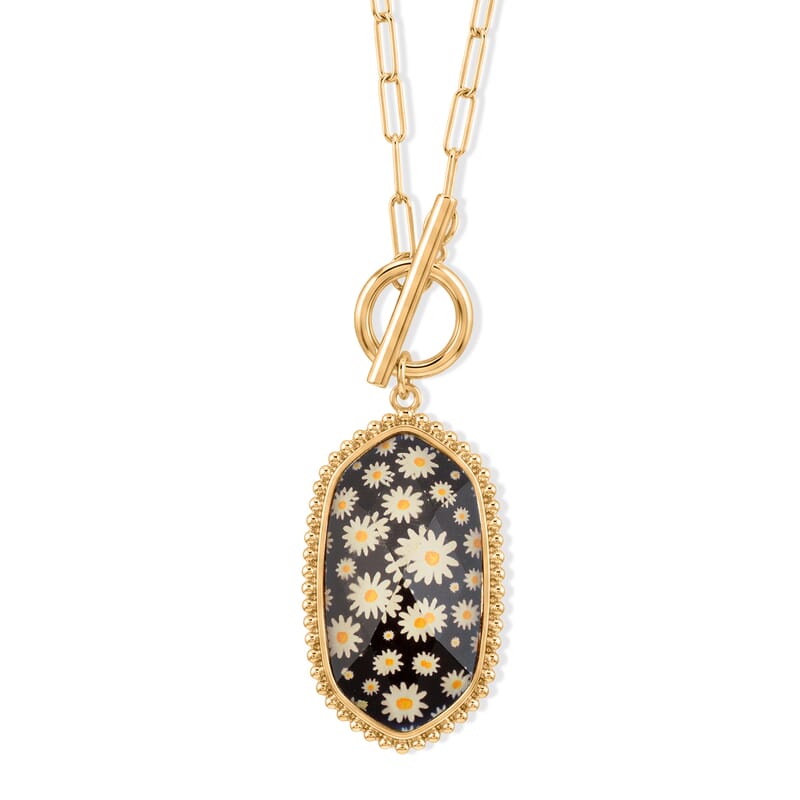 Black Flower Resin 35.00 ctw Pendant Necklace and Ball Stud Earrings in Goldtone