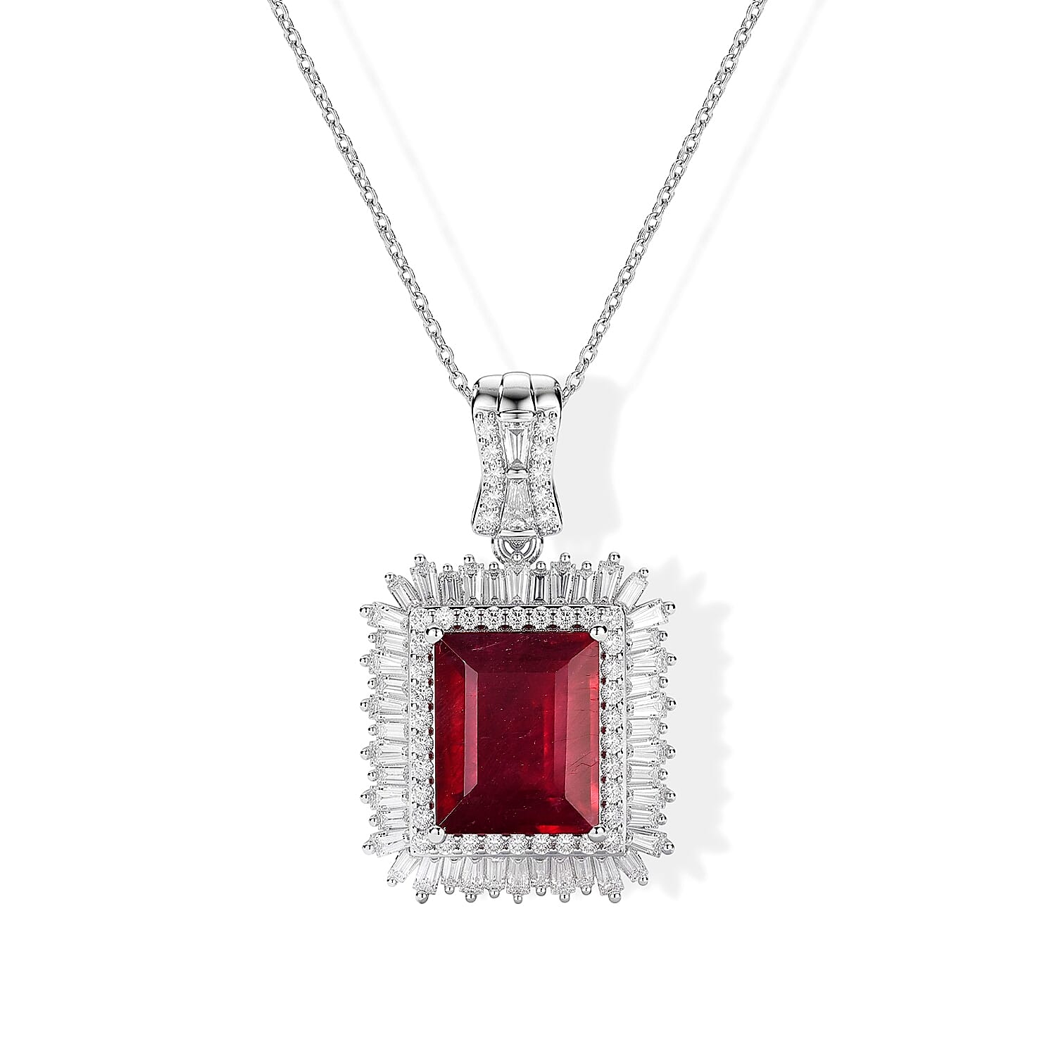 D'Joy Premium Niassa Ruby (FF) and Moissanite 9.75 ctw Pendant Necklace in Rhodium Over Sterling Silver 20 Inches