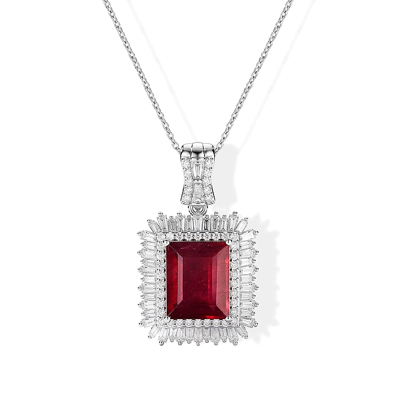 D'Joy Premium Niassa Ruby (FF) and Moissanite 9.75 ctw Pendant Necklace in Rhodium Over Sterling Silver 20 Inches