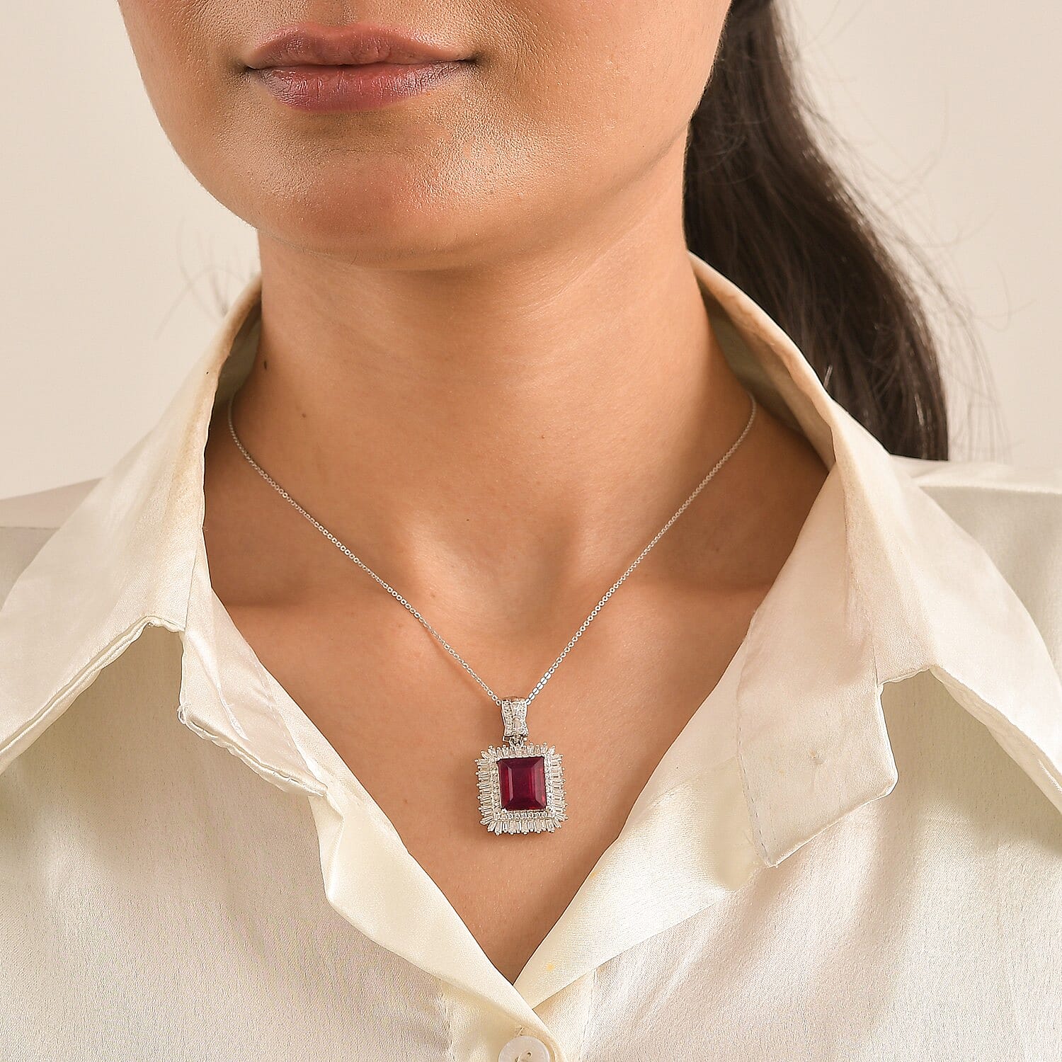D'Joy Premium Niassa Ruby (FF) and Moissanite 9.75 ctw Pendant Necklace in Rhodium Over Sterling Silver 20 Inches