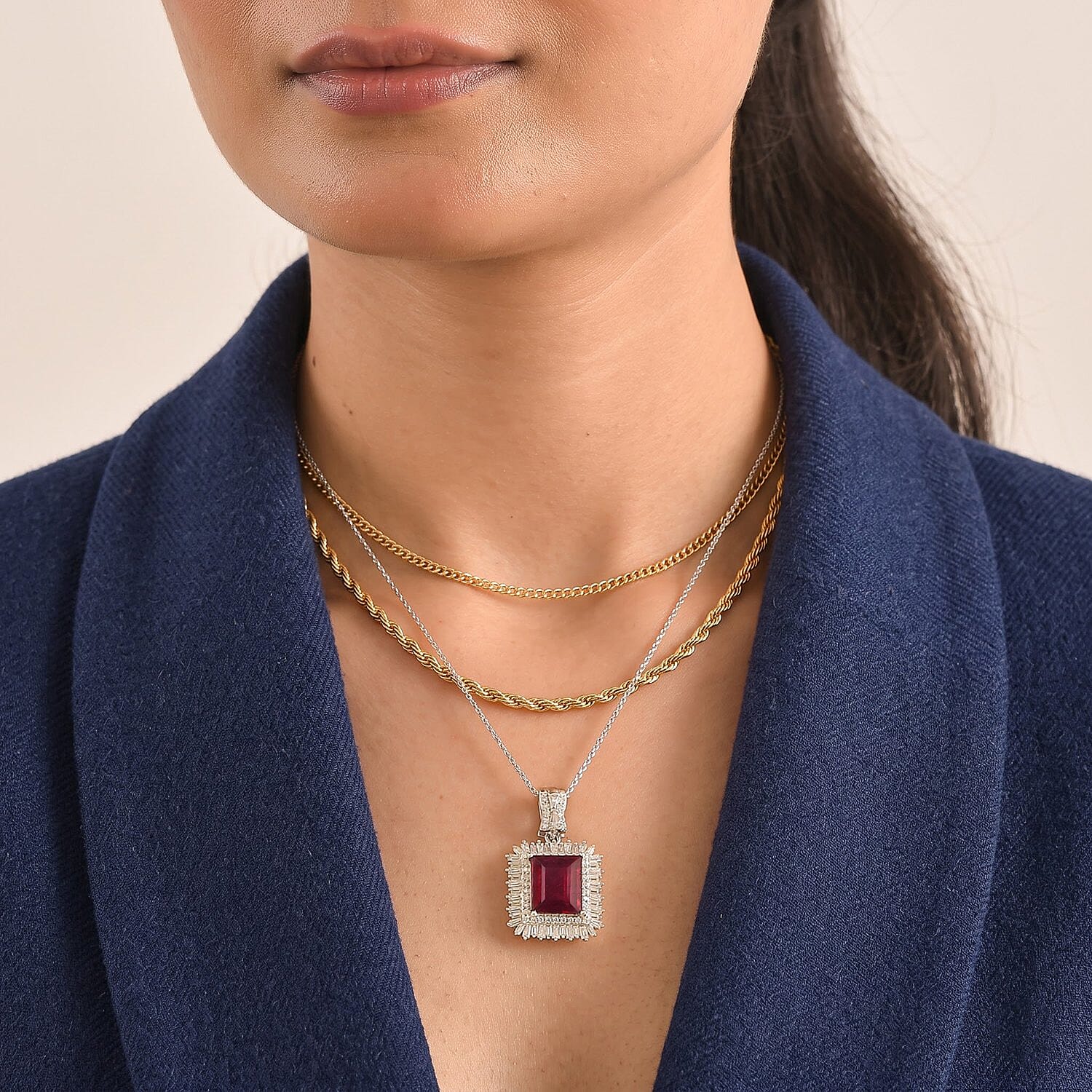D'Joy Premium Niassa Ruby (FF) and Moissanite 9.75 ctw Pendant Necklace in Rhodium Over Sterling Silver 20 Inches