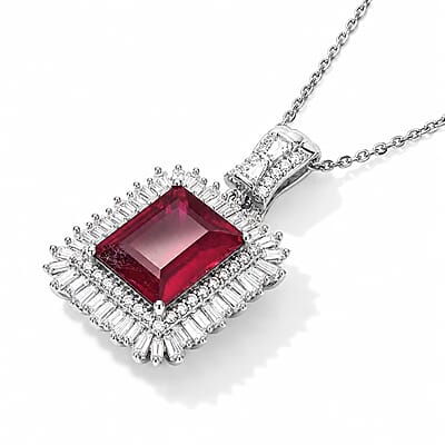 D'Joy Premium Niassa Ruby (FF) and Moissanite 9.75 ctw Pendant Necklace in Rhodium Over Sterling Silver 20 Inches