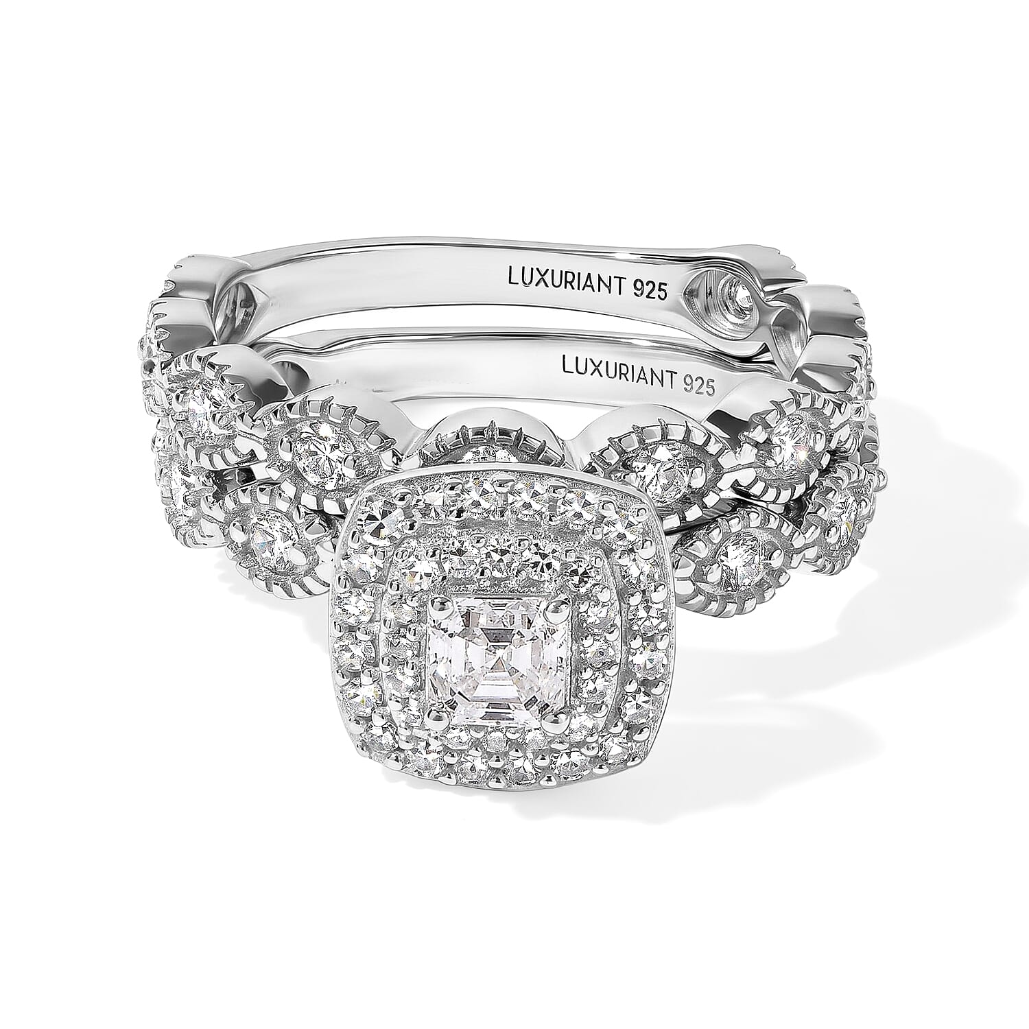 Luxuriant Lab Grown Diamond (E-F, VS) Double Halo Bridal Set of 2 Ring in Rhodium Over Sterling Silver (Size 5.0) 1.00 ctw
