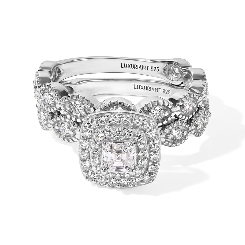 Luxuriant Lab Grown Diamond (E-F, VS) Double Halo Bridal Set of 2 Ring in Rhodium Over Sterling Silver (Size 5.0) 1.00 ctw