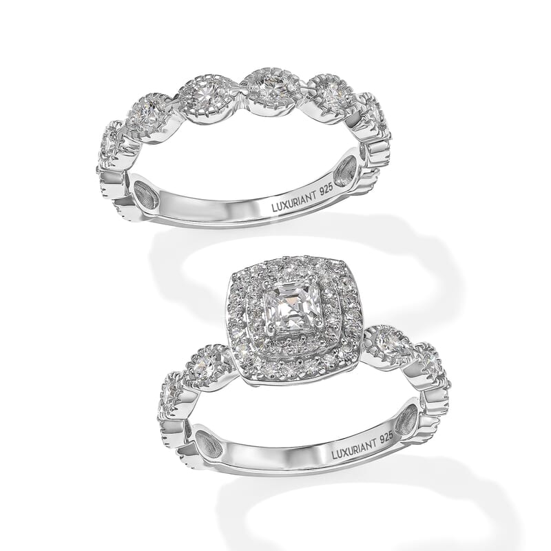 Luxuriant Lab Grown Diamond (E-F, VS) Double Halo Bridal Set of 2 Ring in Rhodium Over Sterling Silver (Size 5.0) 1.00 ctw