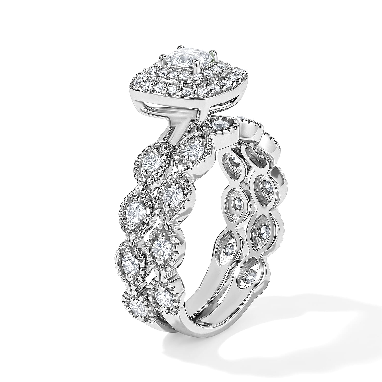 Luxuriant Lab Grown Diamond (E-F, VS) Double Halo Bridal Set of 2 Ring in Rhodium Over Sterling Silver (Size 5.0) 1.00 ctw