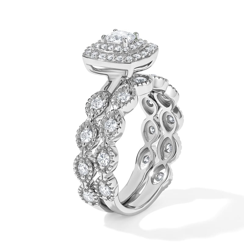 Luxuriant Lab Grown Diamond (E-F, VS) Double Halo Bridal Set of 2 Ring in Rhodium Over Sterling Silver (Size 5.0) 1.00 ctw