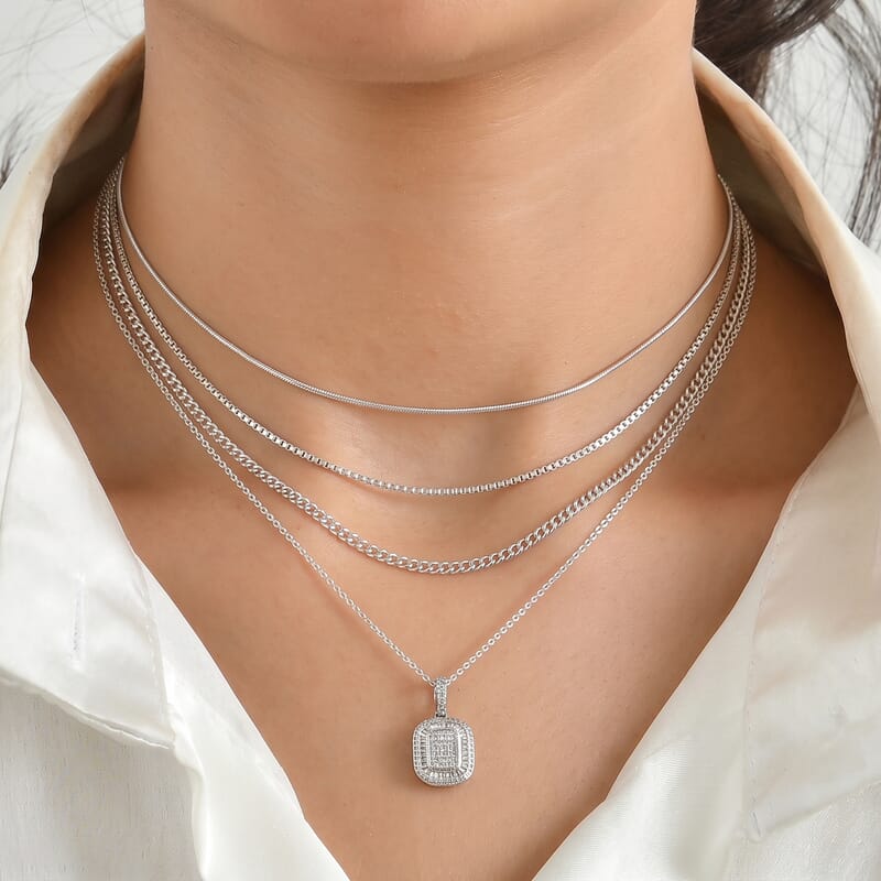 D'Joy Diamond 0.50 ctw Prism Mosaic Pendant Necklace in Rhodium Over Sterling Silver 20 Inches