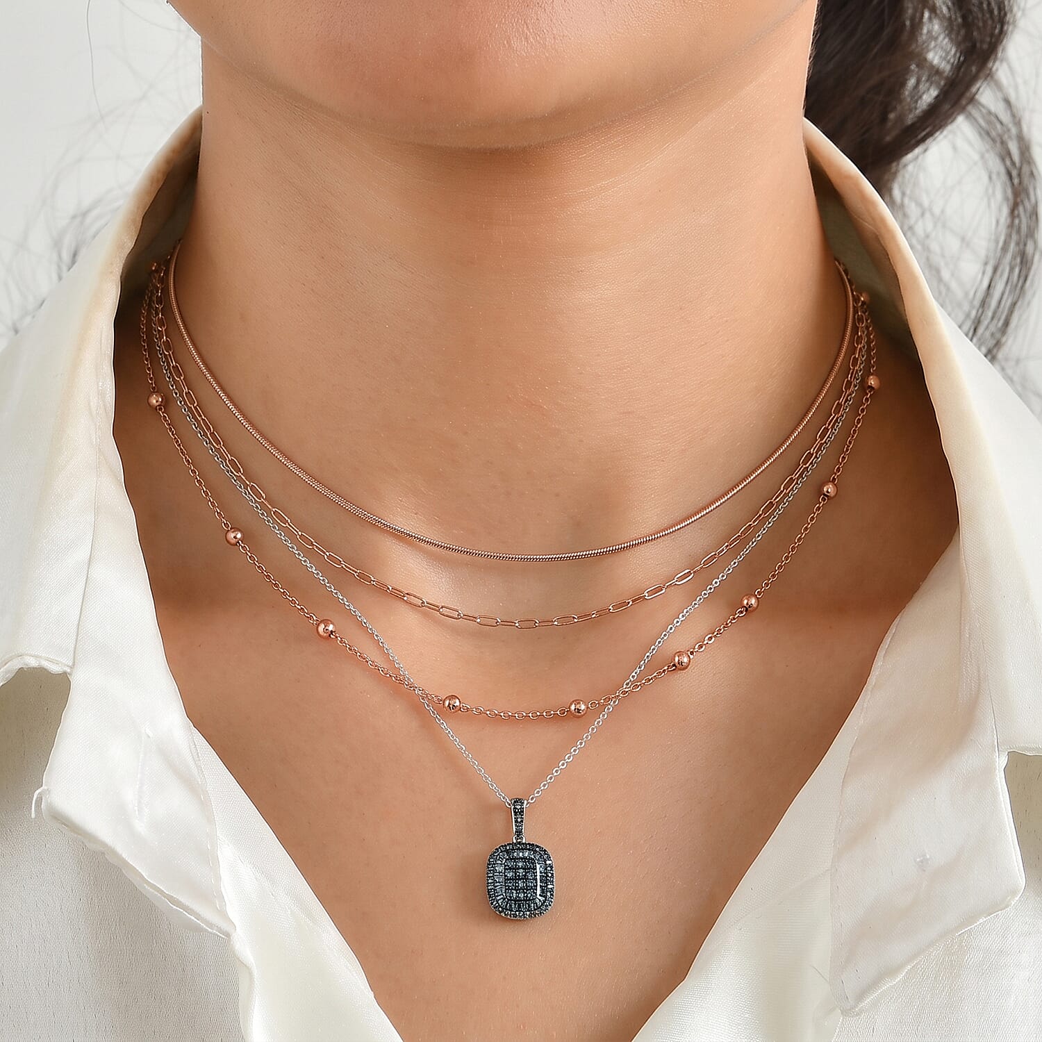 D'Joy Blue Diamond 0.50 ctw Prism Mosaic Pendant Necklace in Rhodium Over Sterling Silver 20 Inches