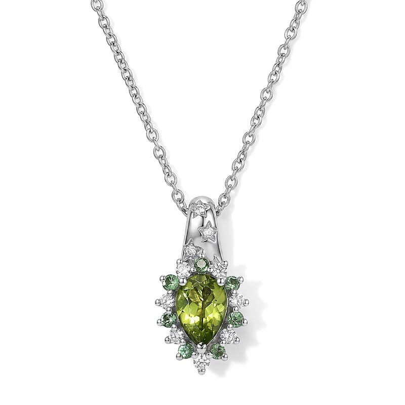 EverTrue Hebei Peridot and Multi Gemstone 1.85 ctw Pendant in Platinum Bond with Stainless Steel Necklace 20 Inches