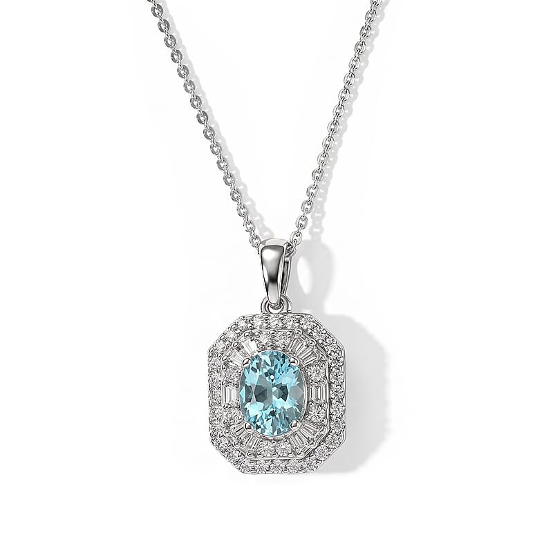 D'Joy Premium Cambodian Blue Zircon and Moissanite 2.55 ctw Pendant Necklace in Rhodium Over Sterling Silver 18 Inches