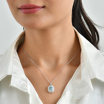 D'Joy Premium Cambodian Blue Zircon and Moissanite 2.55 ctw Pendant Necklace in Rhodium Over Sterling Silver 18 Inches