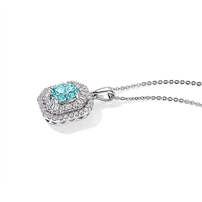 D'Joy Premium Cambodian Blue Zircon and Moissanite 2.55 ctw Pendant Necklace in Rhodium Over Sterling Silver 18 Inches