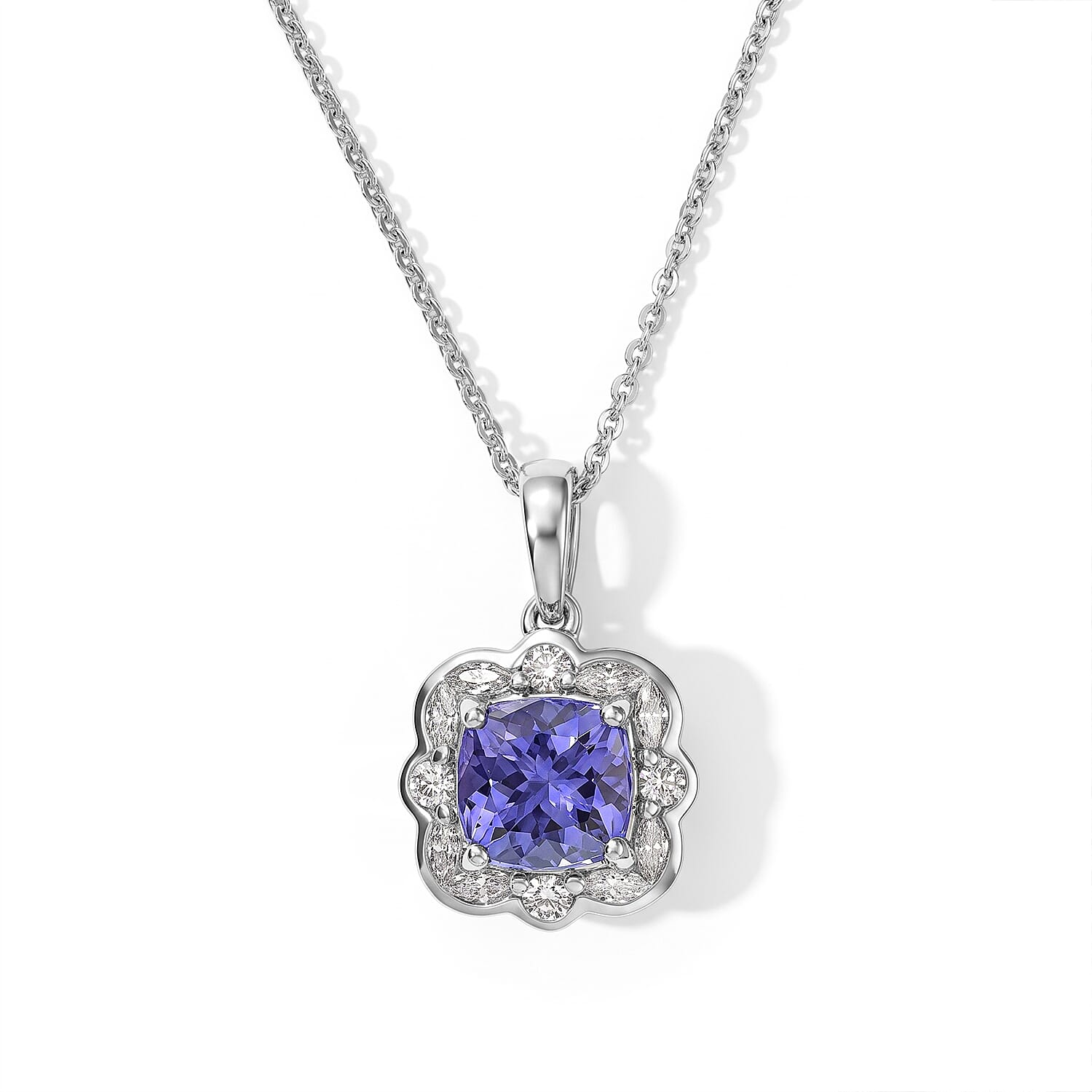 Certified and Appraised D'Joy Premium Tanzanite and Moissanite 2.00 ctw Pendant Necklace in Rhodium Over Sterling Silver 18 Inches