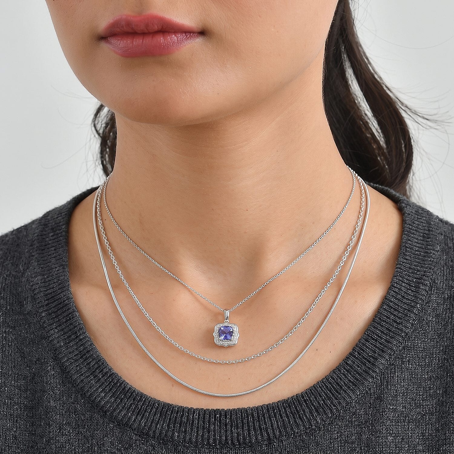 Certified and Appraised D'Joy Premium Tanzanite and Moissanite 2.00 ctw Pendant Necklace in Rhodium Over Sterling Silver 18 Inches