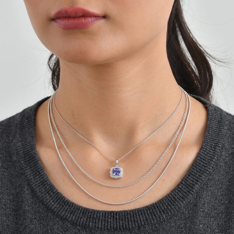 Certified and Appraised D'Joy Premium Tanzanite and Moissanite 2.00 ctw Pendant Necklace in Rhodium Over Sterling Silver 18 Inches