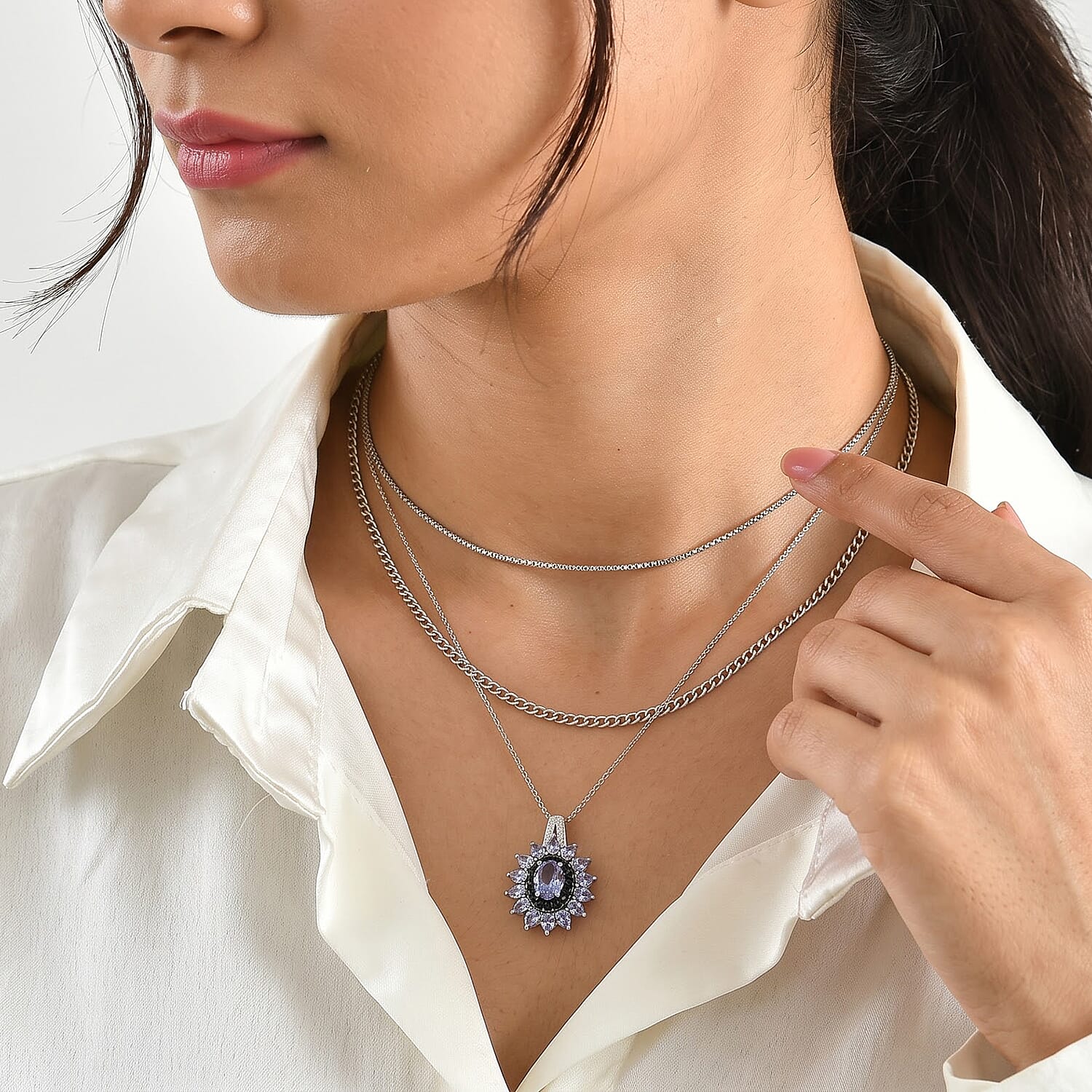 D'Joy Tanzanite and Multi Gemstone 3.70 ctw Pendant Necklace (20 Inches) in Rhodium Over Sterling Silver