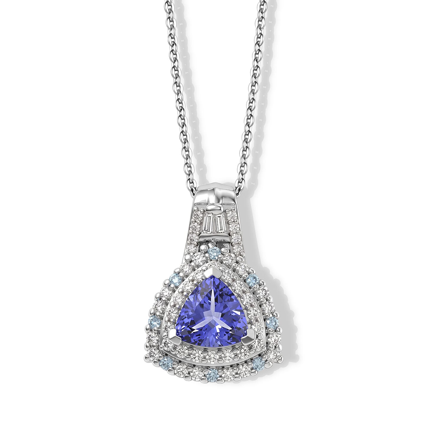 D'Joy Premium Tanzanite, Paraiba Tourmaline and Diamond 1.50 ctw Ocean Royale Collection Pendant Necklace in Rhodium Over Sterling Silver 20 Inches