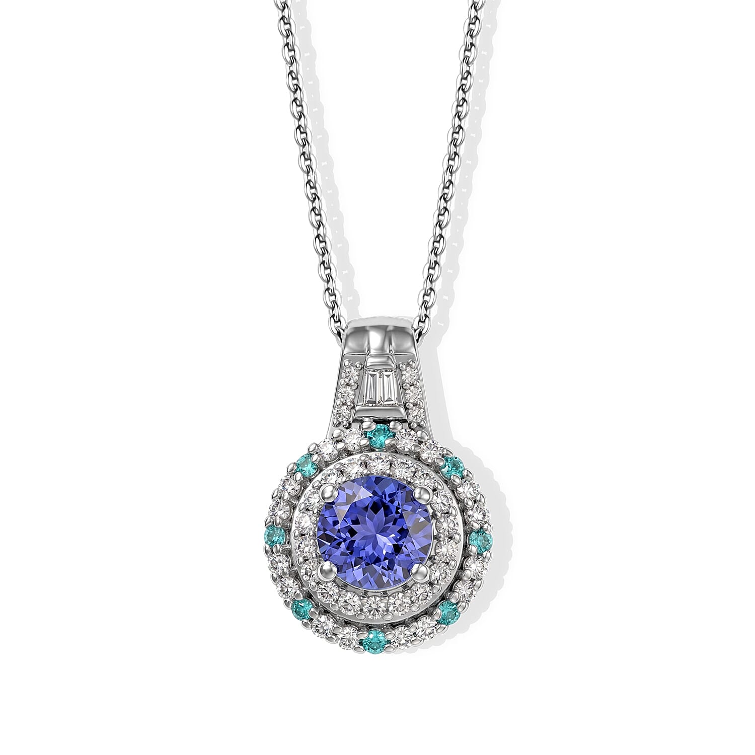 D'Joy Premium Tanzanite, Paraiba Tourmaline and Diamond 1.30 ctw Pendant Necklace in Rhodium Over Sterling Silver 20 Inches