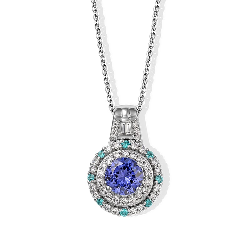 D'Joy Premium Tanzanite, Paraiba Tourmaline and Diamond 1.30 ctw Pendant Necklace in Rhodium Over Sterling Silver 20 Inches