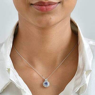 D'Joy Premium Tanzanite, Paraiba Tourmaline and Diamond 1.30 ctw Pendant Necklace in Rhodium Over Sterling Silver 20 Inches