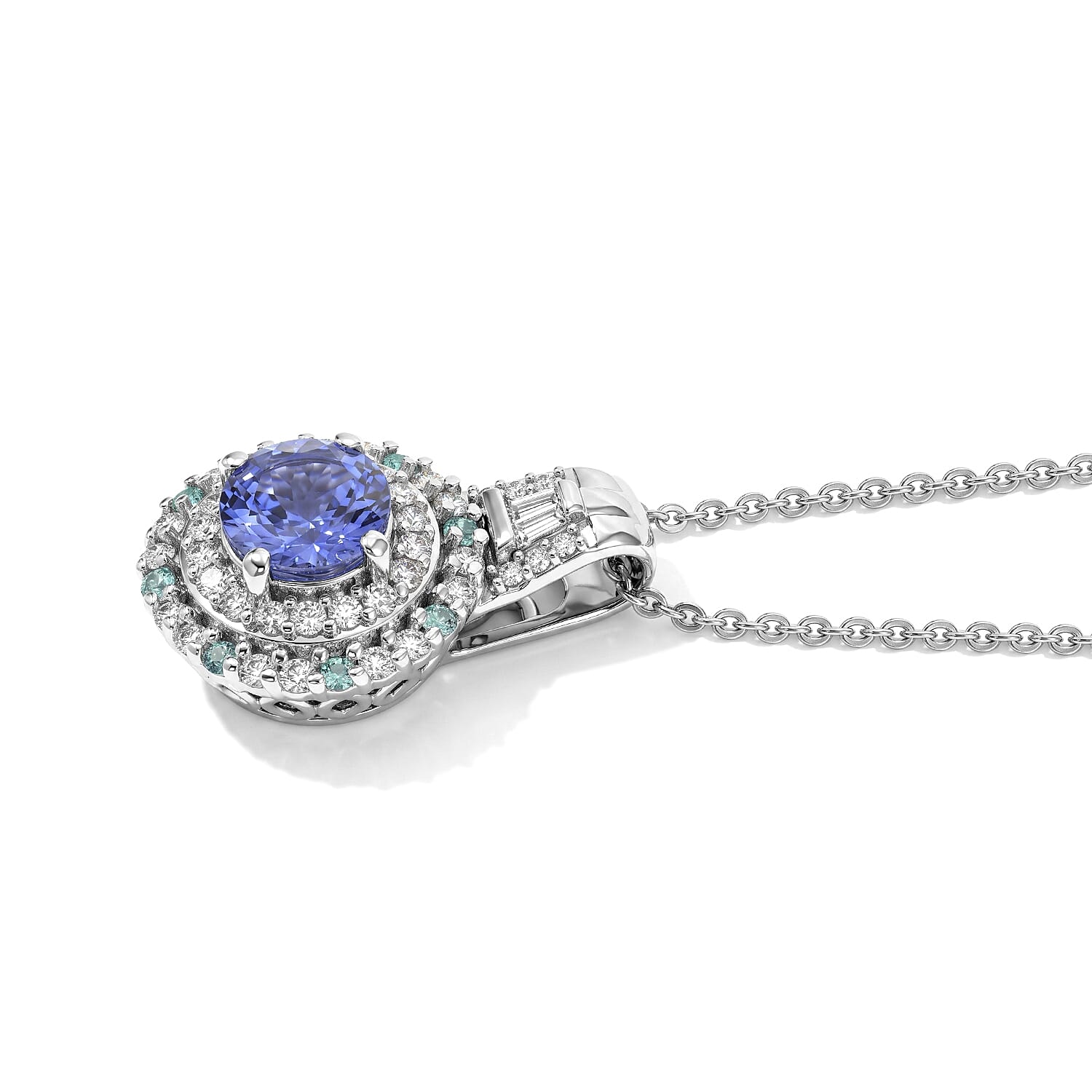 D'Joy Premium Tanzanite, Paraiba Tourmaline and Diamond 1.30 ctw Pendant Necklace in Rhodium Over Sterling Silver 20 Inches
